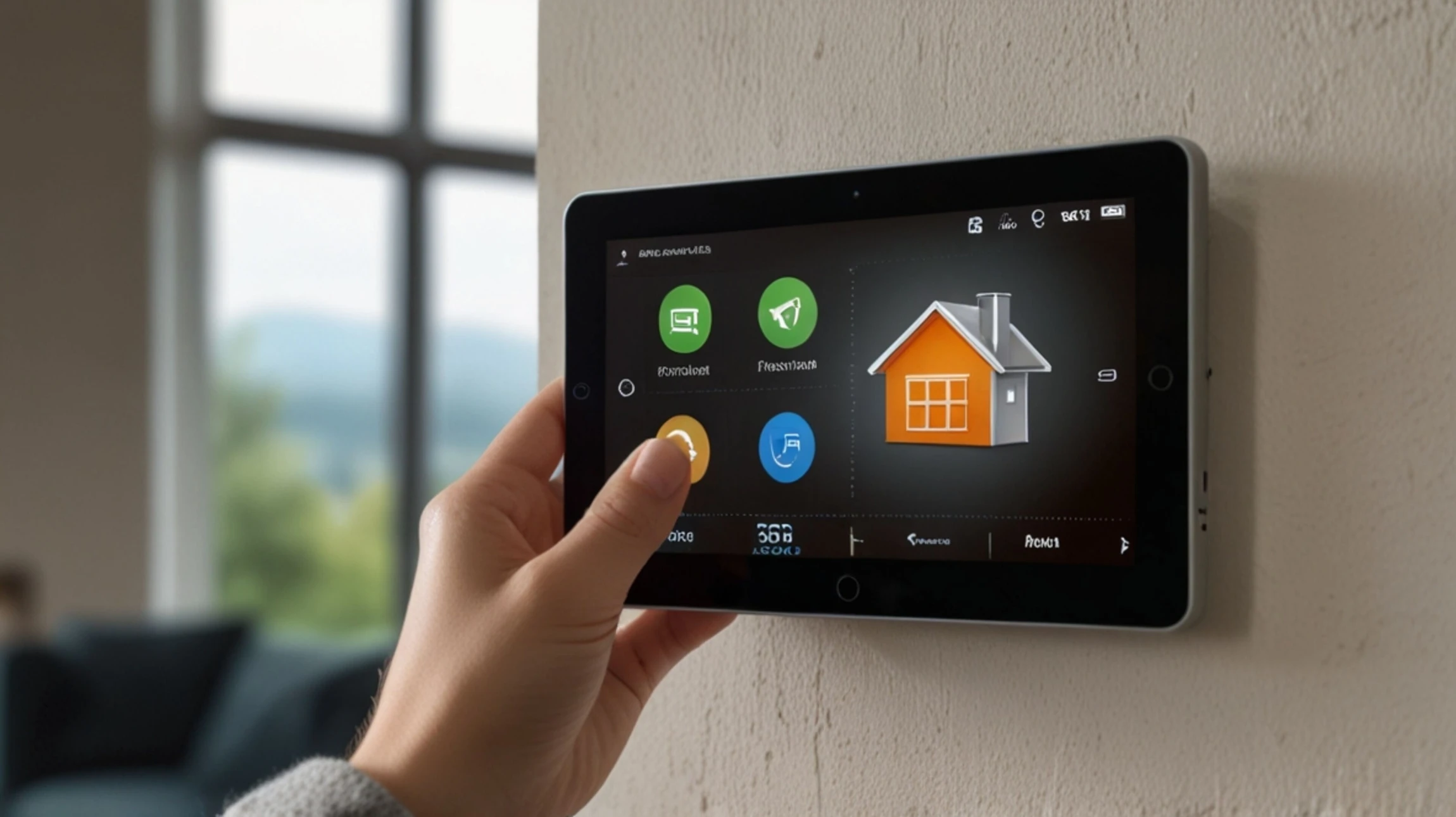 Une main pointe vers une interface hexagonale affichant "SMART HOME" avec des icônes de domotique : thermomètre, ampoule, cadenas de sécurité, maison connectée, calendrier, météo et musique sur fond flou professionnel.